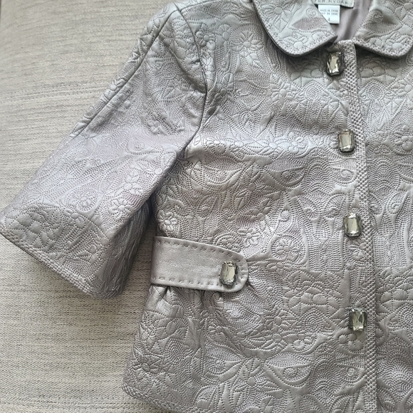Peter Nygard Leather Crystal Snap Front Pewter Crop Jacket Sz 4 - Picture 5 of 13